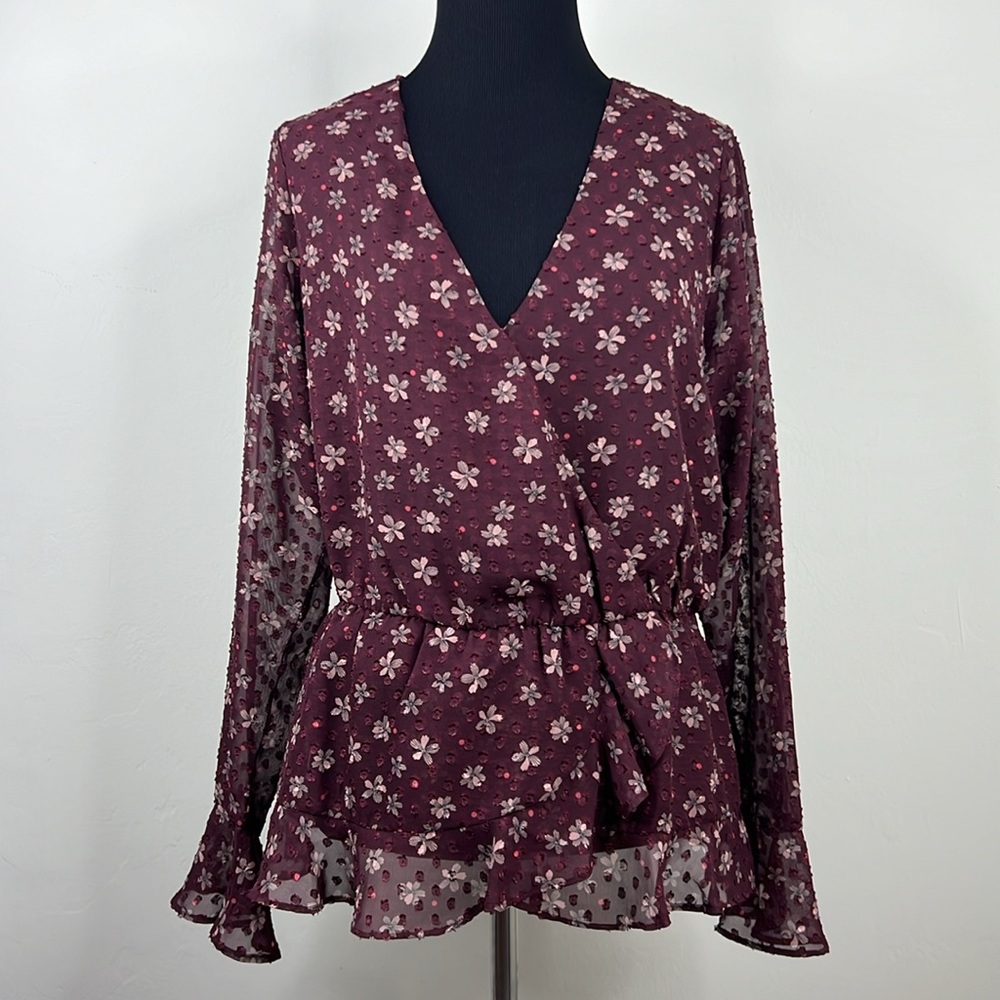 SANCTUARY Burgendy Floral Wrap Top Blouse S